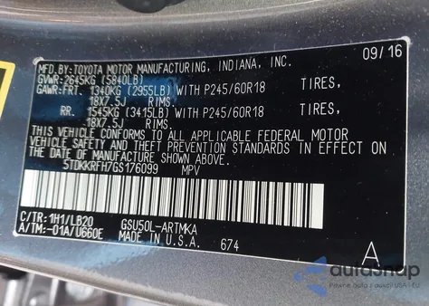 2016 Toyota Highlander Xle V6 из США, поврежденный, VIN 5TDKKRFH7GS176099